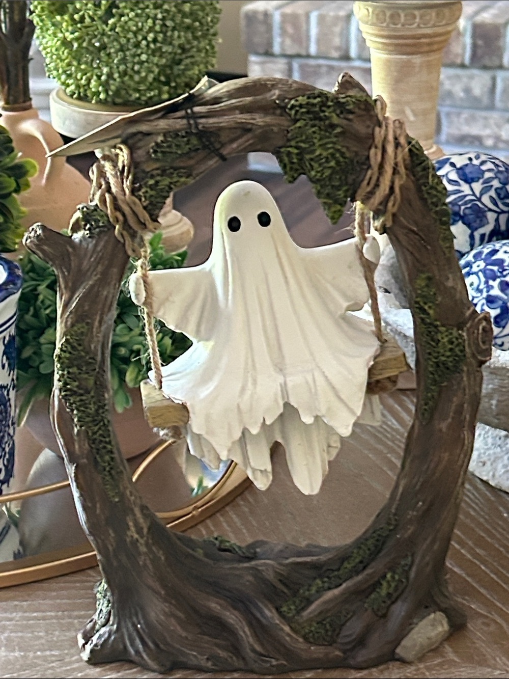 NEW! Vintage Inspired White Halloween Boo Ghost on Rope Swing Figurine